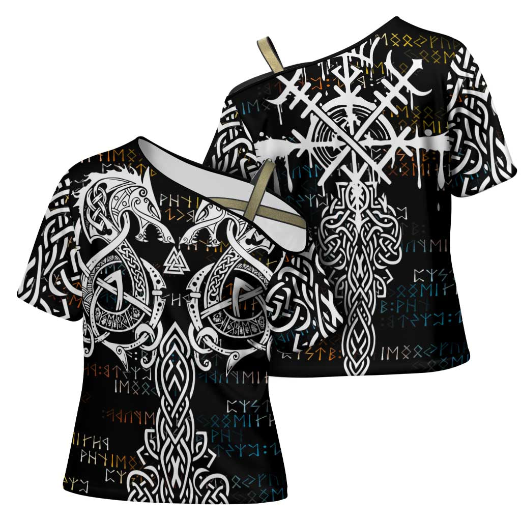 Viking Runes and Norse Mythology Symbols Cross Shoulder Shirt Celtic Knotwork Tribal Illustration Style