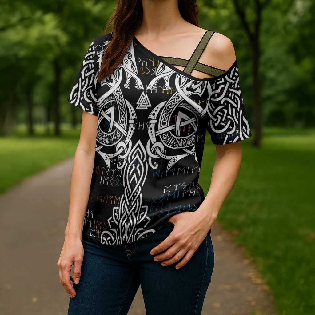 Viking Runes and Norse Mythology Symbols Cross Shoulder Shirt Celtic Knotwork Tribal Illustration Style