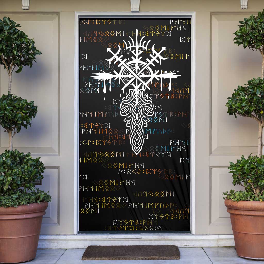 Viking Runes and Norse Mythology Symbols Door Cover Celtic Knotwork Tribal Illustration Style