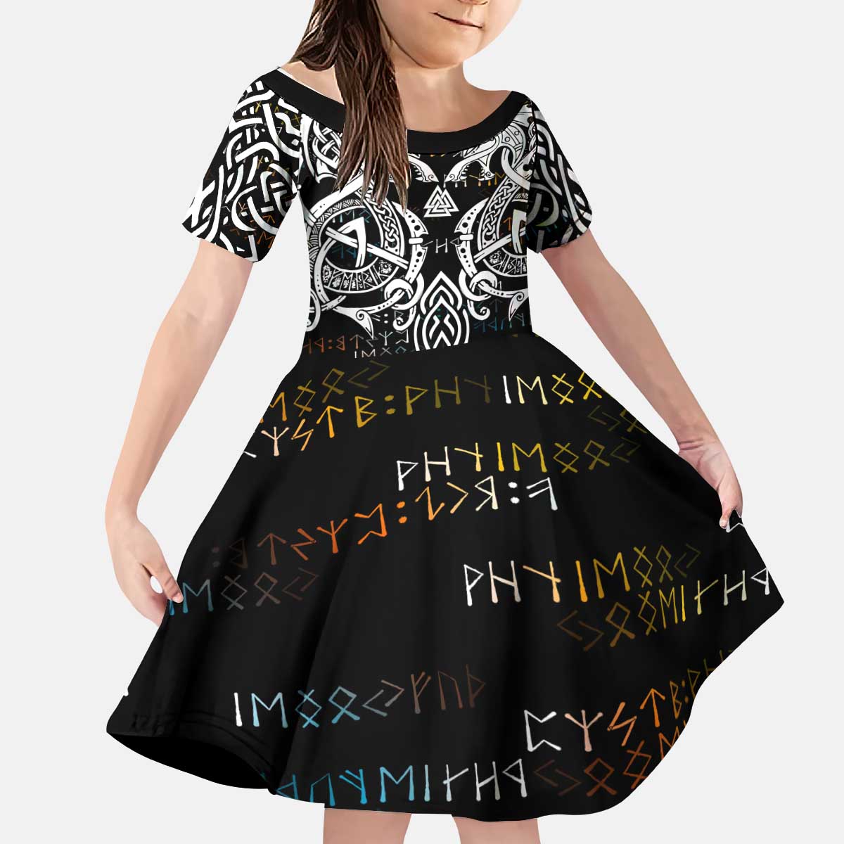 Viking Runes and Norse Mythology Symbols Kid Short Sleeve Dress Celtic Knotwork Tribal Illustration Style