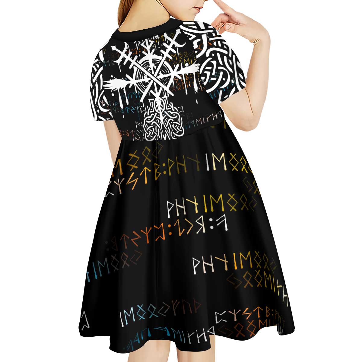 Viking Runes and Norse Mythology Symbols Kid Short Sleeve Dress Celtic Knotwork Tribal Illustration Style