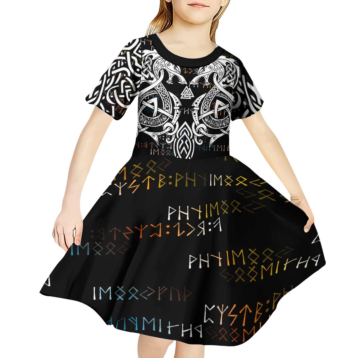 Viking Runes and Norse Mythology Symbols Kid Short Sleeve Dress Celtic Knotwork Tribal Illustration Style