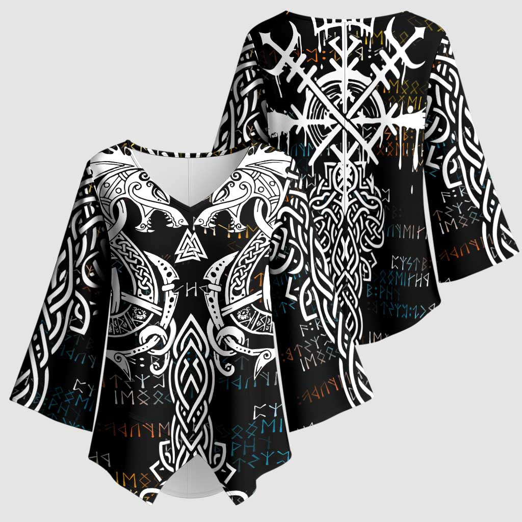 Viking Runes and Norse Mythology Symbols Kimono Sleeve Blouse Celtic Knotwork Tribal Illustration Style