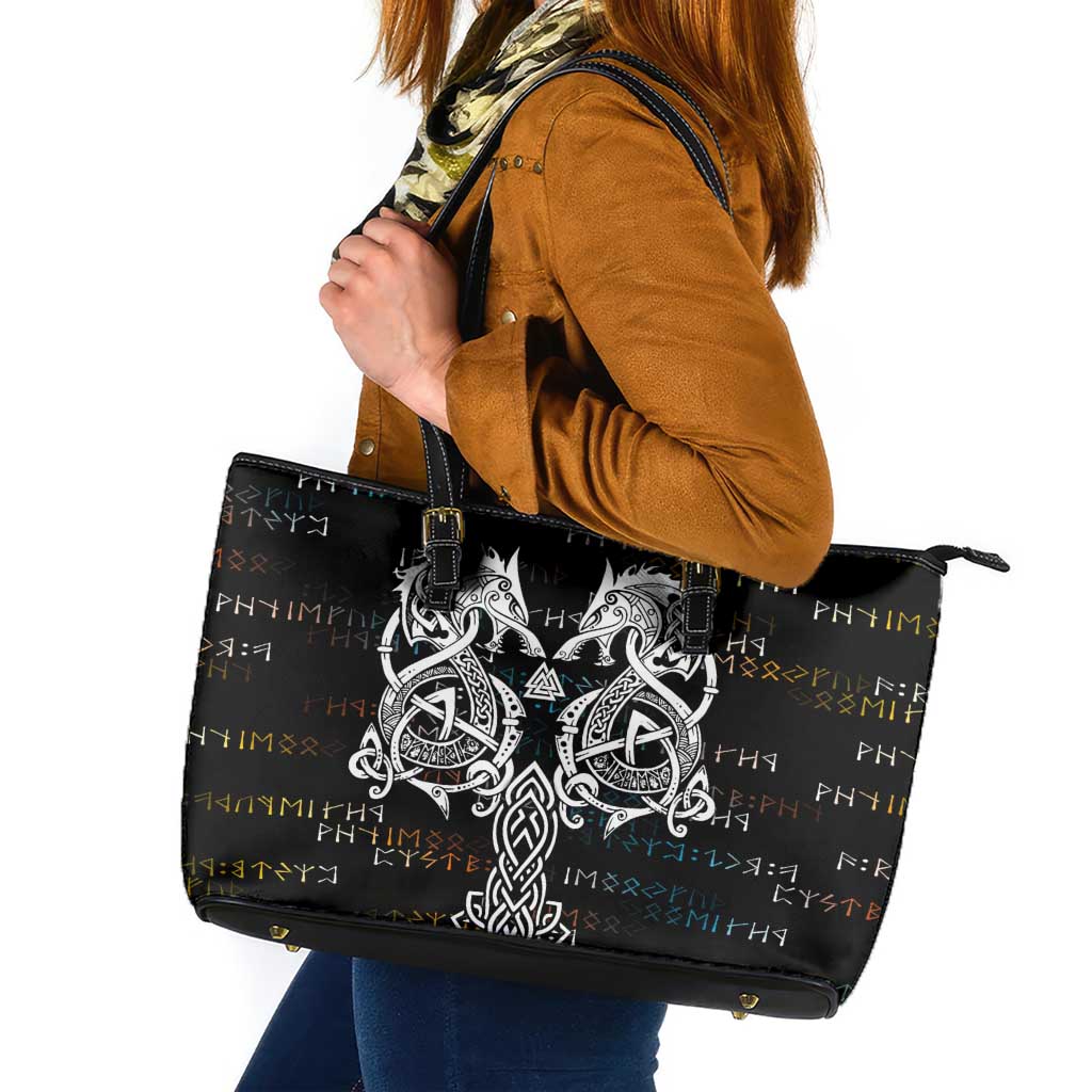 Viking Runes and Norse Mythology Symbols Leather Tote Bag Celtic Knotwork Tribal Illustration Style