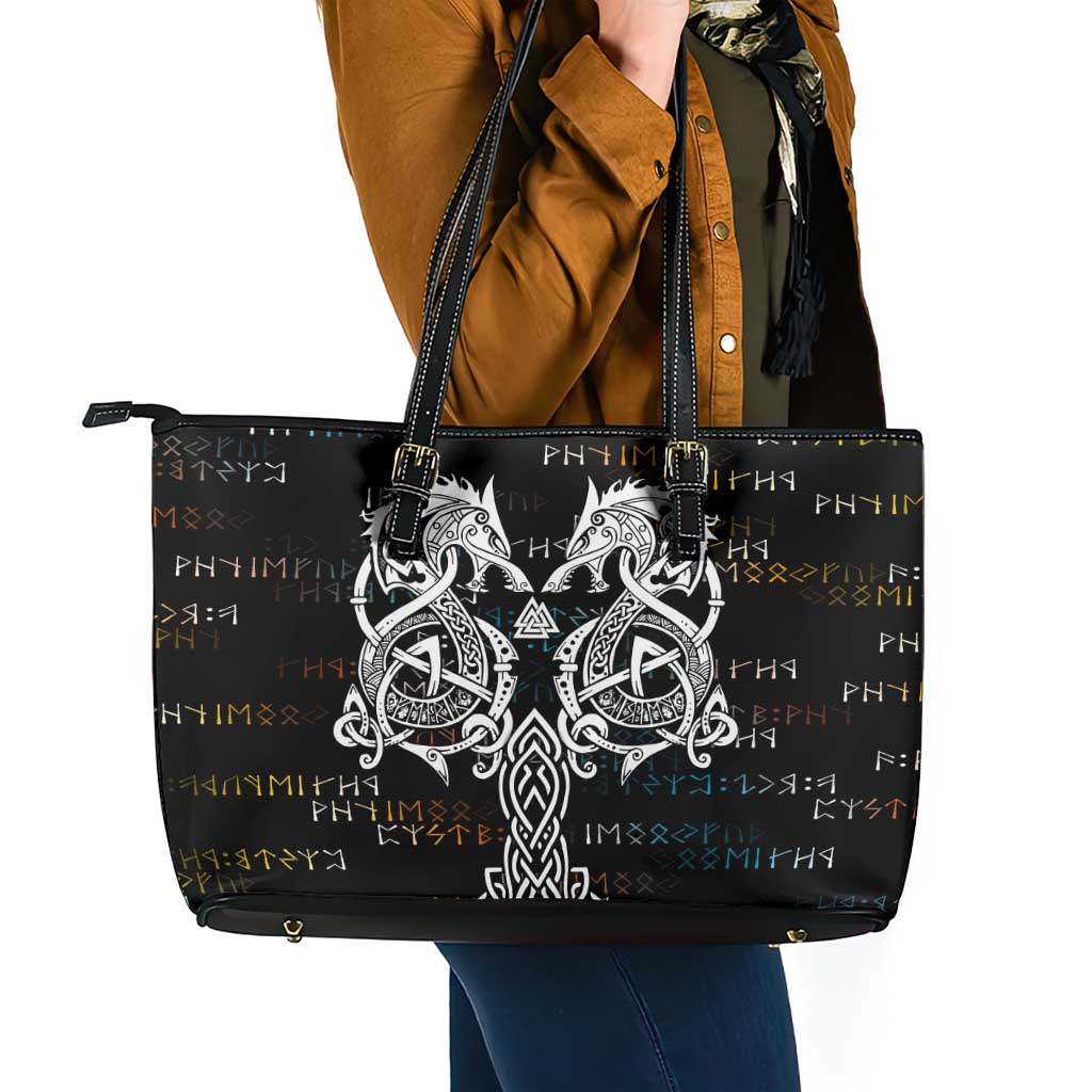 Viking Runes and Norse Mythology Symbols Leather Tote Bag Celtic Knotwork Tribal Illustration Style