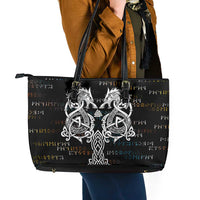 Viking Runes and Norse Mythology Symbols Leather Tote Bag Celtic Knotwork Tribal Illustration Style