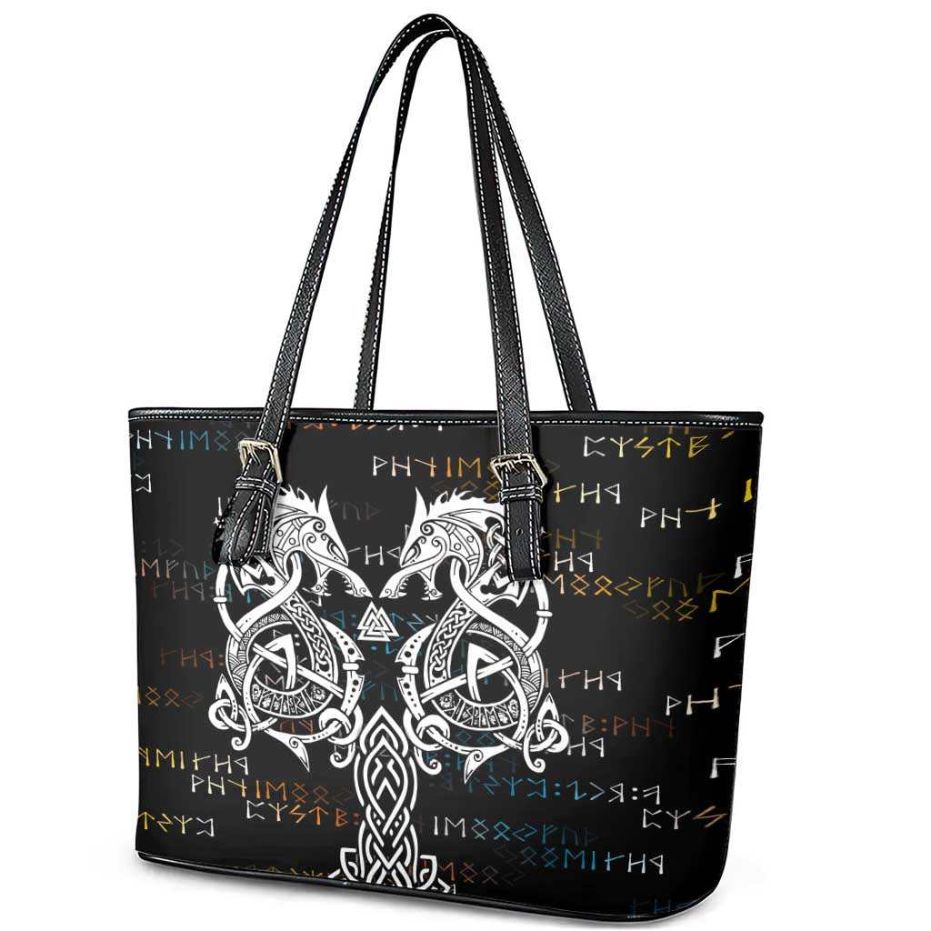 Viking Runes and Norse Mythology Symbols Leather Tote Bag Celtic Knotwork Tribal Illustration Style