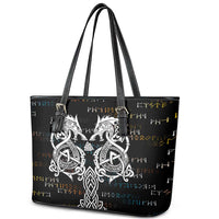 Viking Runes and Norse Mythology Symbols Leather Tote Bag Celtic Knotwork Tribal Illustration Style