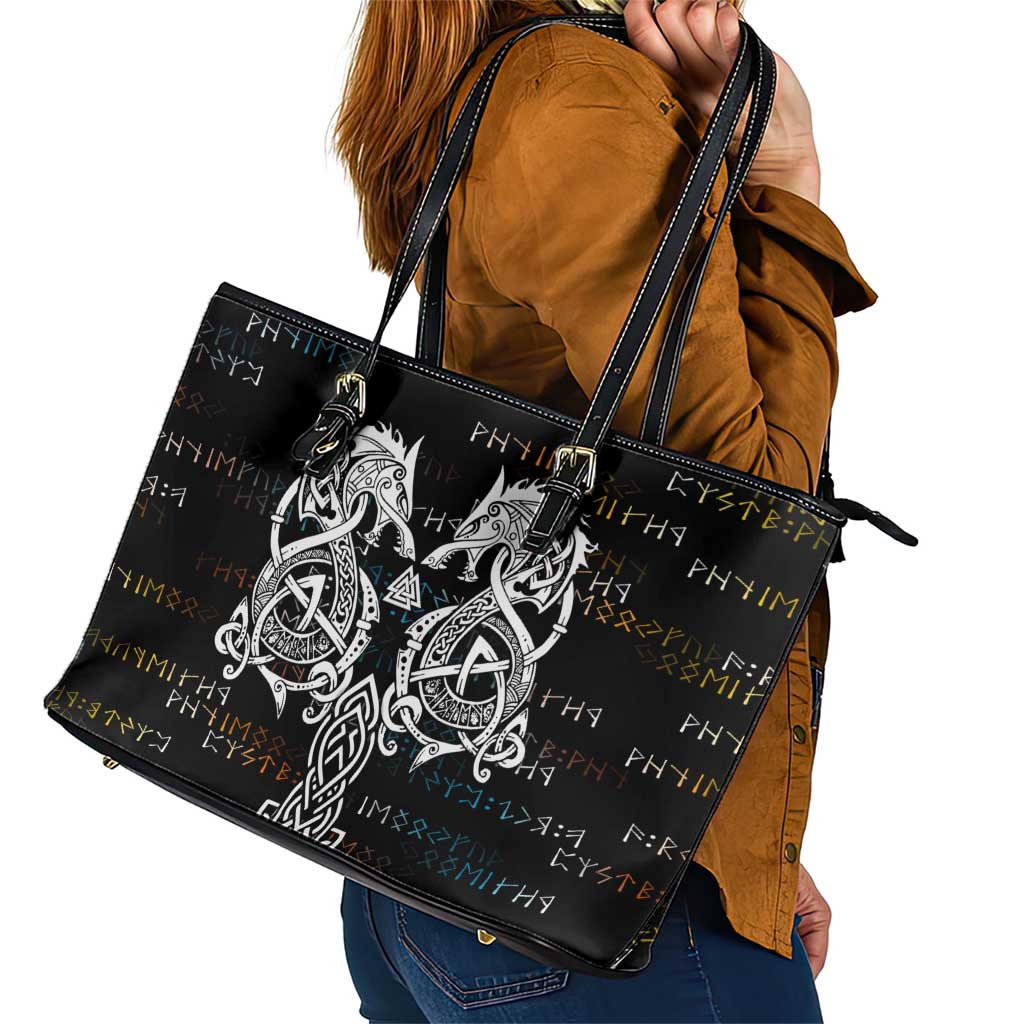 Viking Runes and Norse Mythology Symbols Leather Tote Bag Celtic Knotwork Tribal Illustration Style