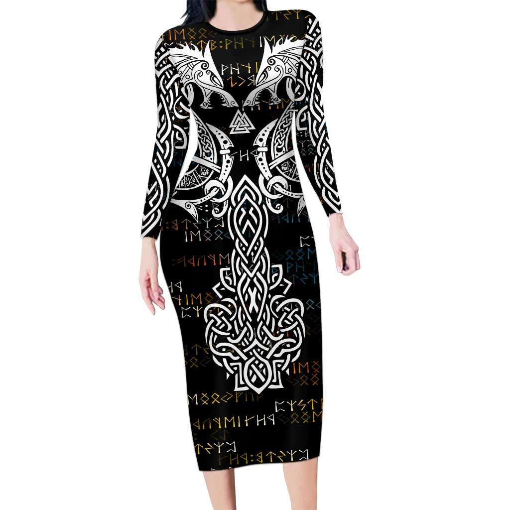 Viking Runes and Norse Mythology Symbols Long Sleeve Bodycon Dress Celtic Knotwork Tribal Illustration Style