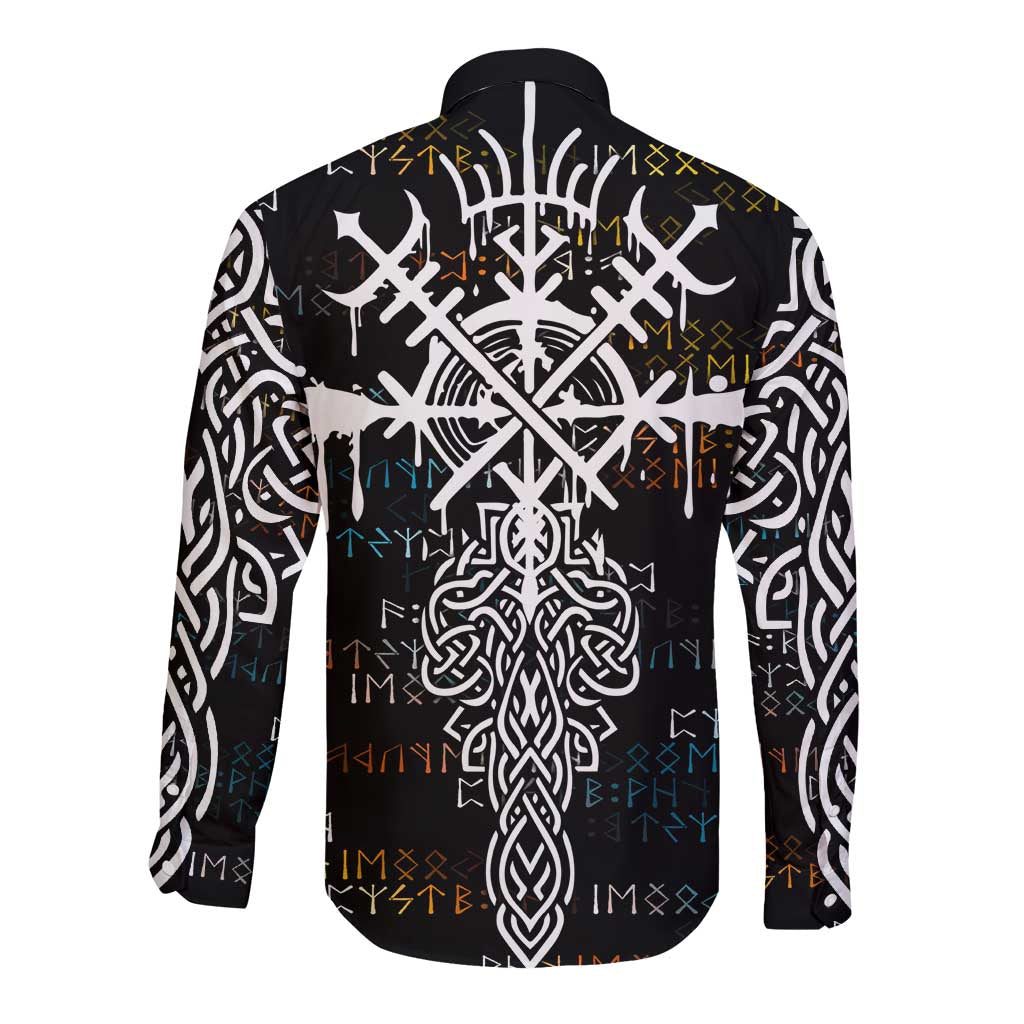 Viking Runes and Norse Mythology Symbols Long Sleeve Button Shirt Celtic Knotwork Tribal Illustration Style