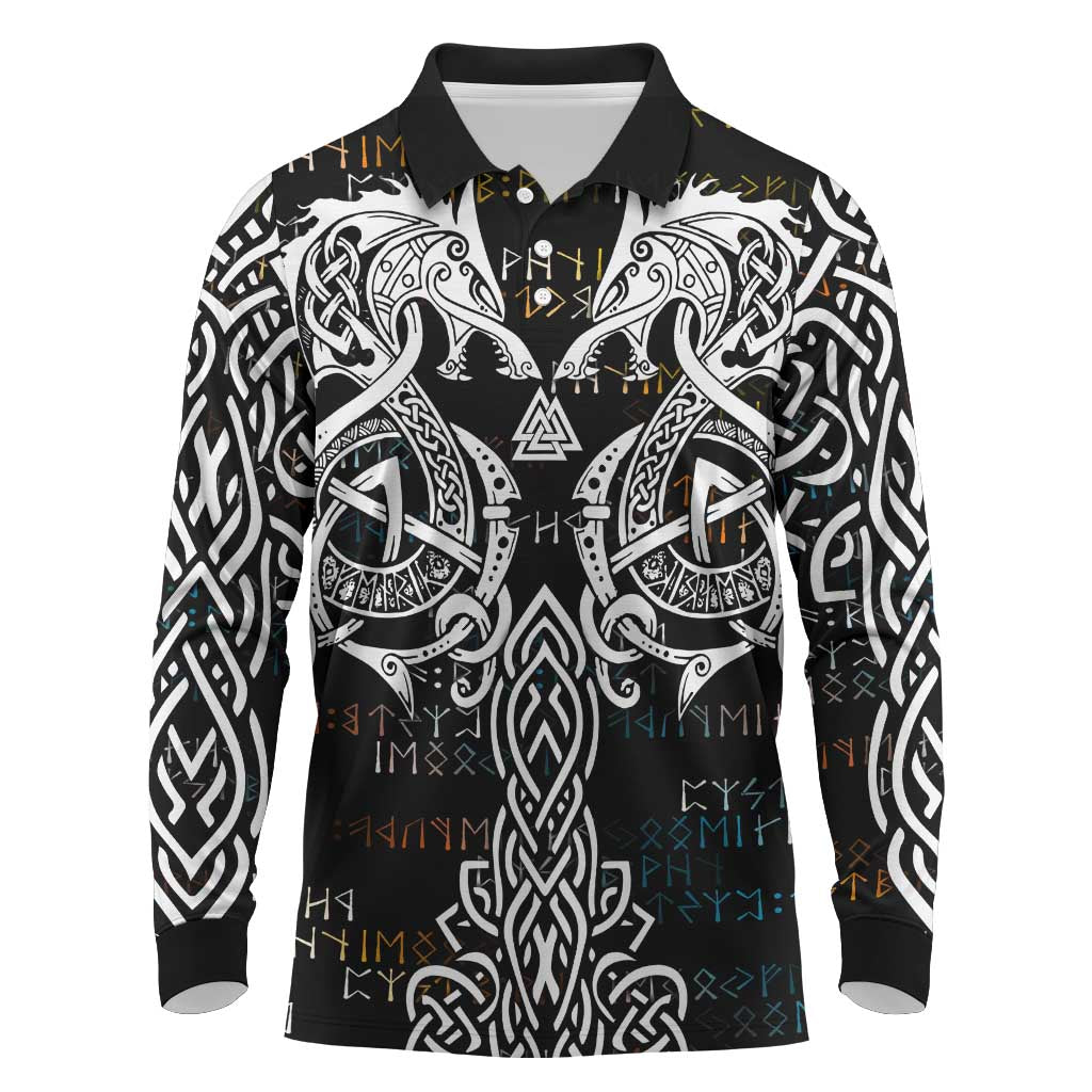 Viking Runes and Norse Mythology Symbols Long Sleeve Polo Shirt Celtic Knotwork Tribal Illustration Style