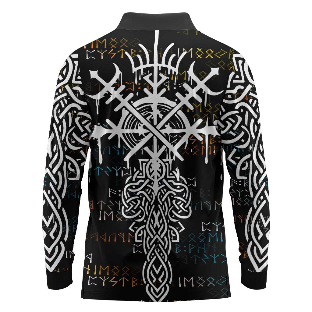 Viking Runes and Norse Mythology Symbols Long Sleeve Polo Shirt Celtic Knotwork Tribal Illustration Style