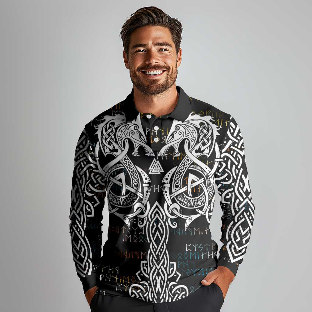 Viking Runes and Norse Mythology Symbols Long Sleeve Polo Shirt Celtic Knotwork Tribal Illustration Style