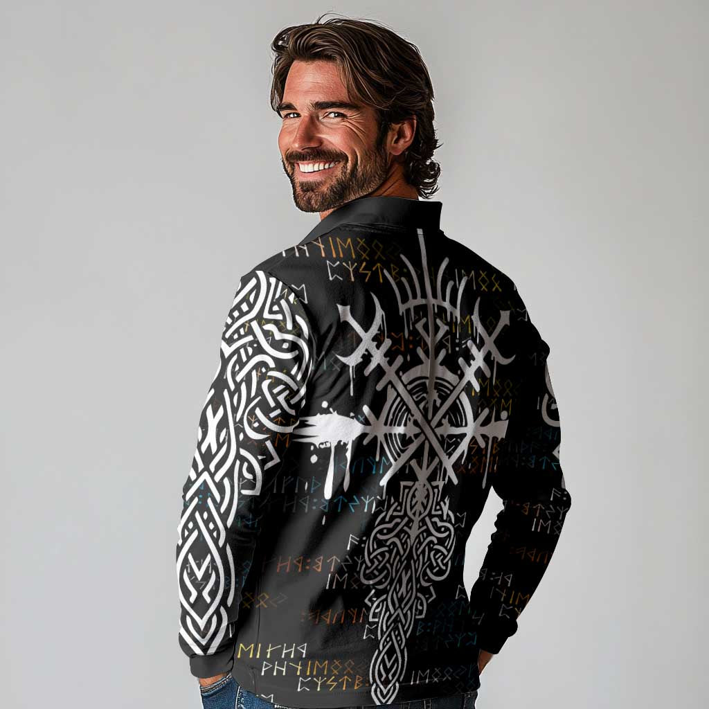 Viking Runes and Norse Mythology Symbols Long Sleeve Polo Shirt Celtic Knotwork Tribal Illustration Style