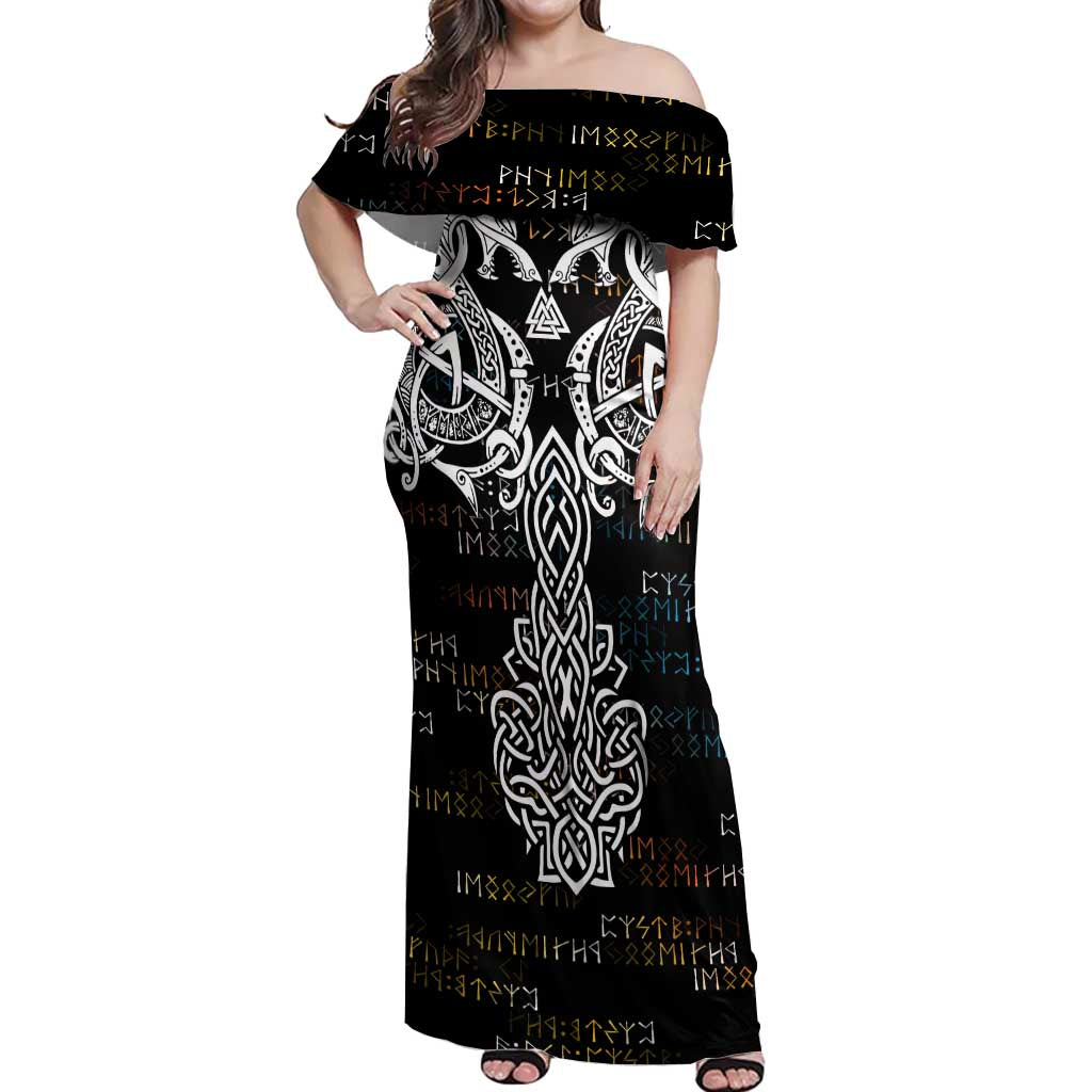 Viking Runes and Norse Mythology Symbols Off Shoulder Maxi Dress Celtic Knotwork Tribal Illustration Style