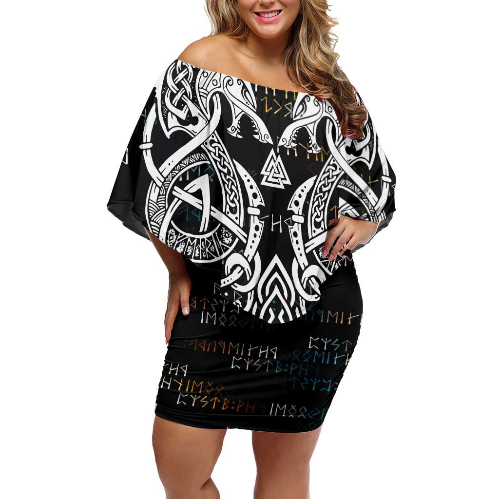 Viking Runes and Norse Mythology Symbols Off Shoulder Short Dress Celtic Knotwork Tribal Illustration Style