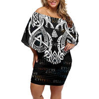 Viking Runes and Norse Mythology Symbols Off Shoulder Short Dress Celtic Knotwork Tribal Illustration Style