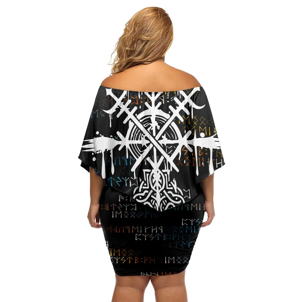 Viking Runes and Norse Mythology Symbols Off Shoulder Short Dress Celtic Knotwork Tribal Illustration Style