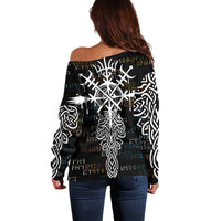 Viking Runes and Norse Mythology Symbols Off Shoulder Sweater Celtic Knotwork Tribal Illustration Style