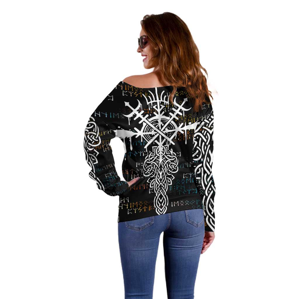 Viking Runes and Norse Mythology Symbols Off Shoulder Sweater Celtic Knotwork Tribal Illustration Style