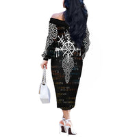 Viking Runes and Norse Mythology Symbols Off The Shoulder Long Sleeve Dress Celtic Knotwork Tribal Illustration Style