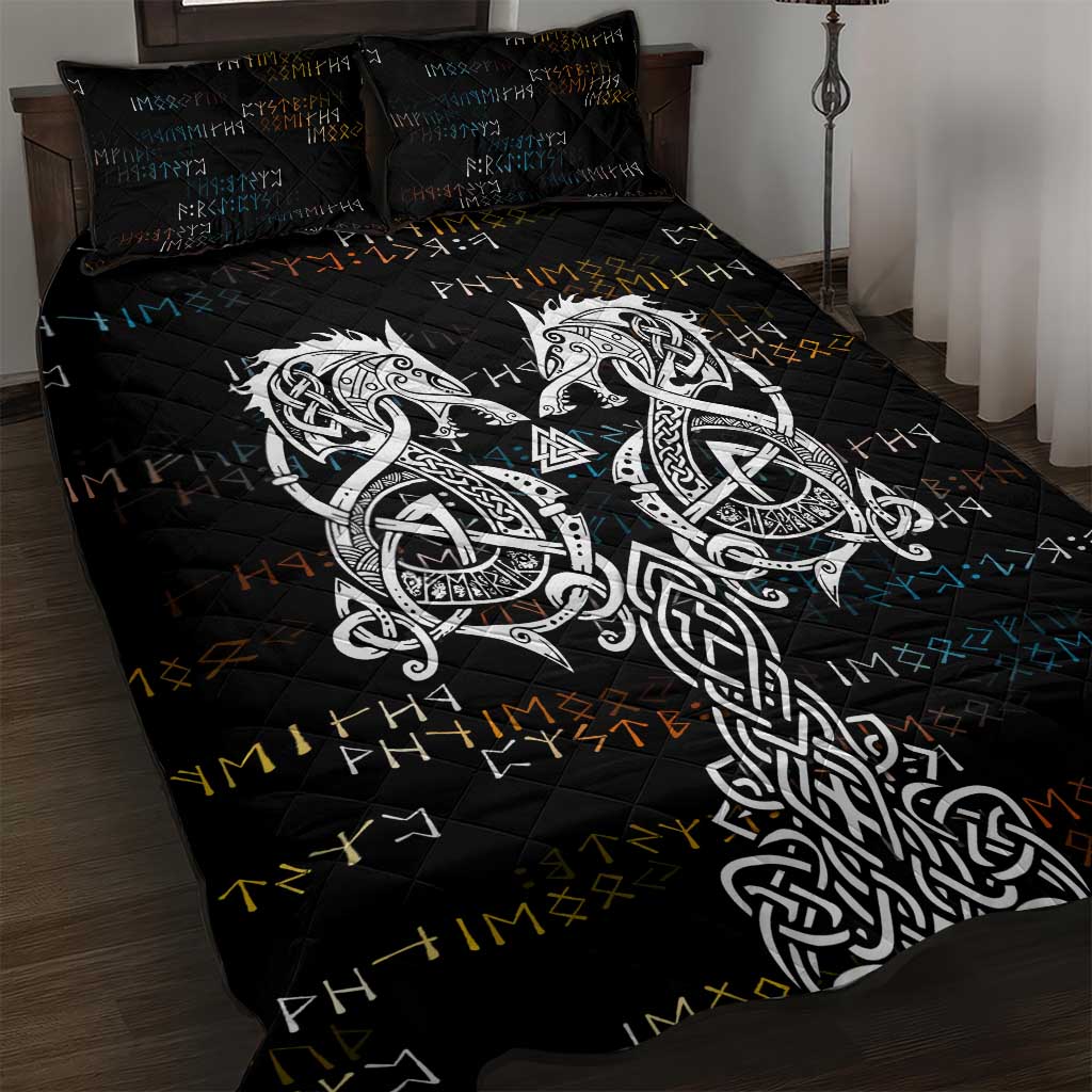 Viking Runes and Norse Mythology Symbols Quilt Bed Set Celtic Knotwork Tribal Illustration Style