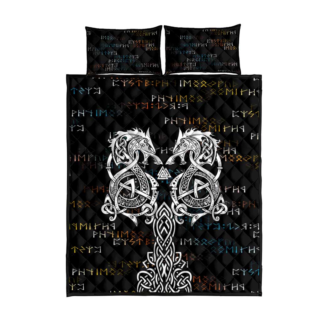 Viking Runes and Norse Mythology Symbols Quilt Bed Set Celtic Knotwork Tribal Illustration Style