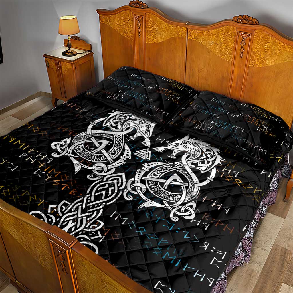 Viking Runes and Norse Mythology Symbols Quilt Bed Set Celtic Knotwork Tribal Illustration Style