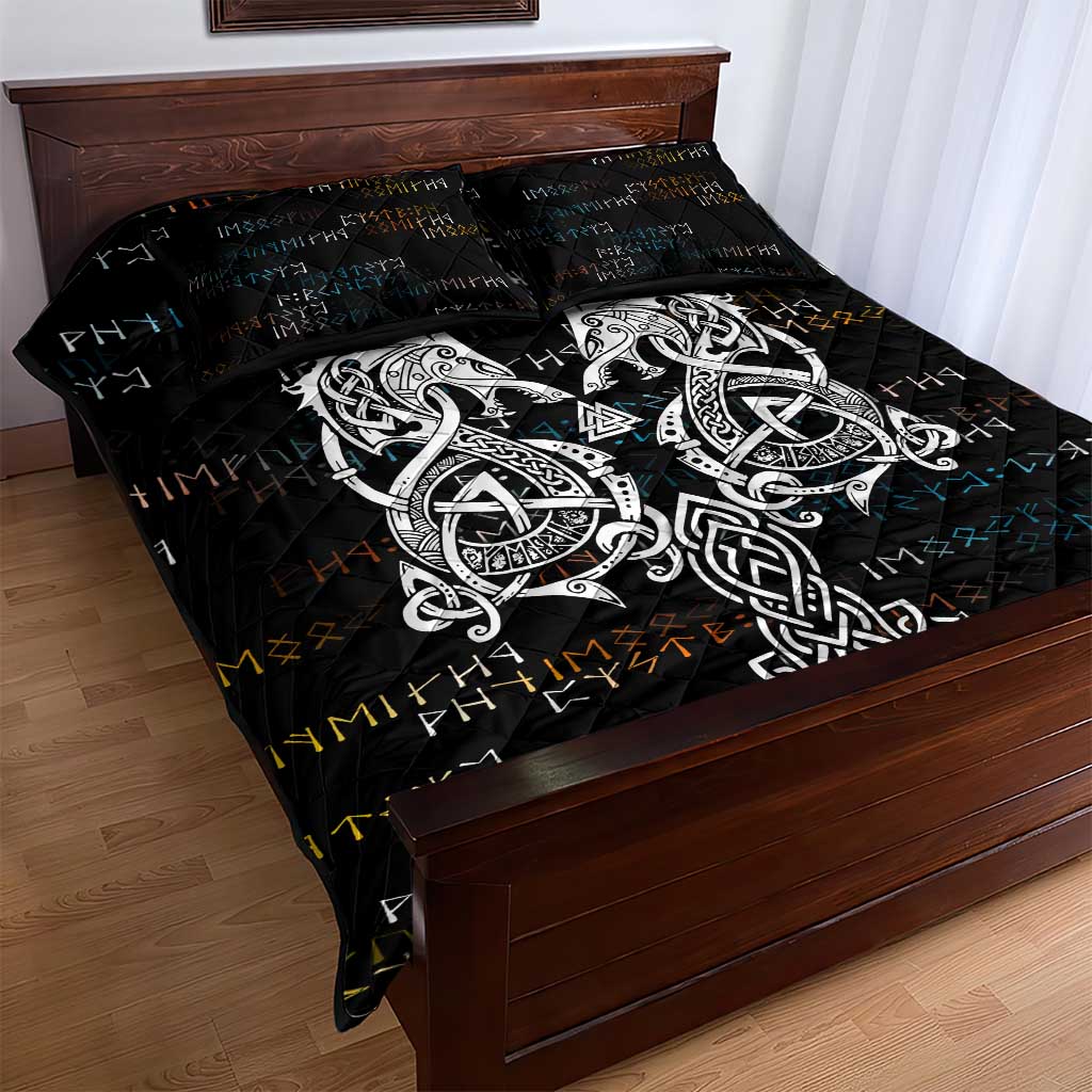 Viking Runes and Norse Mythology Symbols Quilt Bed Set Celtic Knotwork Tribal Illustration Style