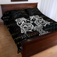 Viking Runes and Norse Mythology Symbols Quilt Bed Set Celtic Knotwork Tribal Illustration Style