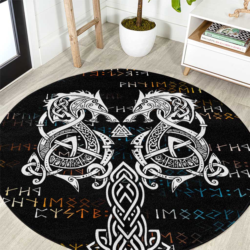 Viking Runes and Norse Mythology Symbols Round Carpet Celtic Knotwork Tribal Illustration Style