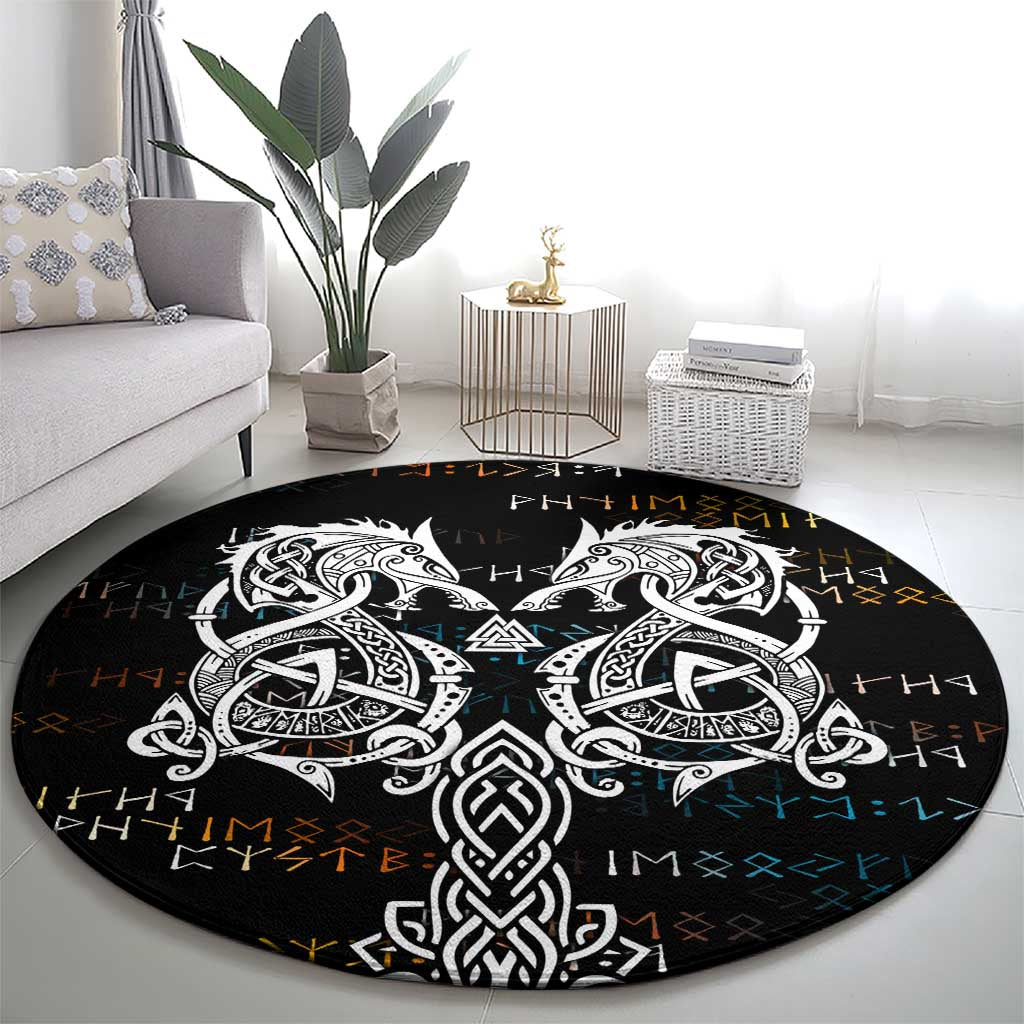 Viking Runes and Norse Mythology Symbols Round Carpet Celtic Knotwork Tribal Illustration Style
