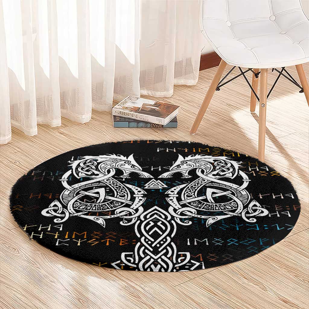 Viking Runes and Norse Mythology Symbols Round Carpet Celtic Knotwork Tribal Illustration Style