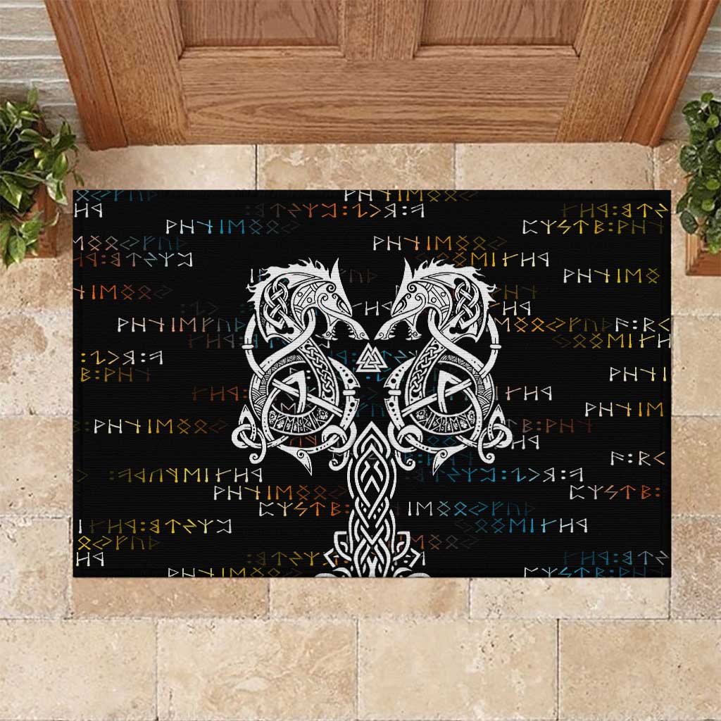 Viking Runes and Norse Mythology Symbols Rubber Doormat Celtic Knotwork Tribal Illustration Style