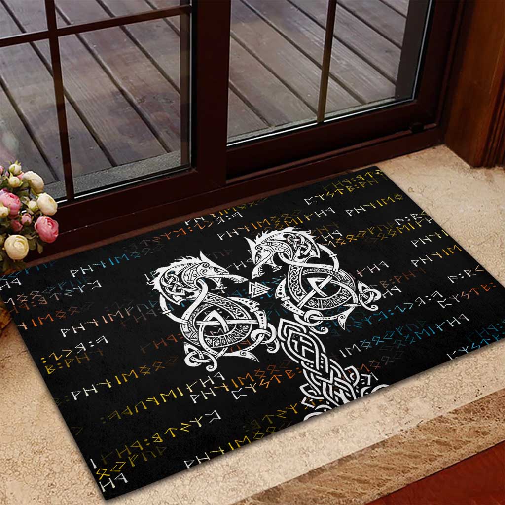 Viking Runes and Norse Mythology Symbols Rubber Doormat Celtic Knotwork Tribal Illustration Style
