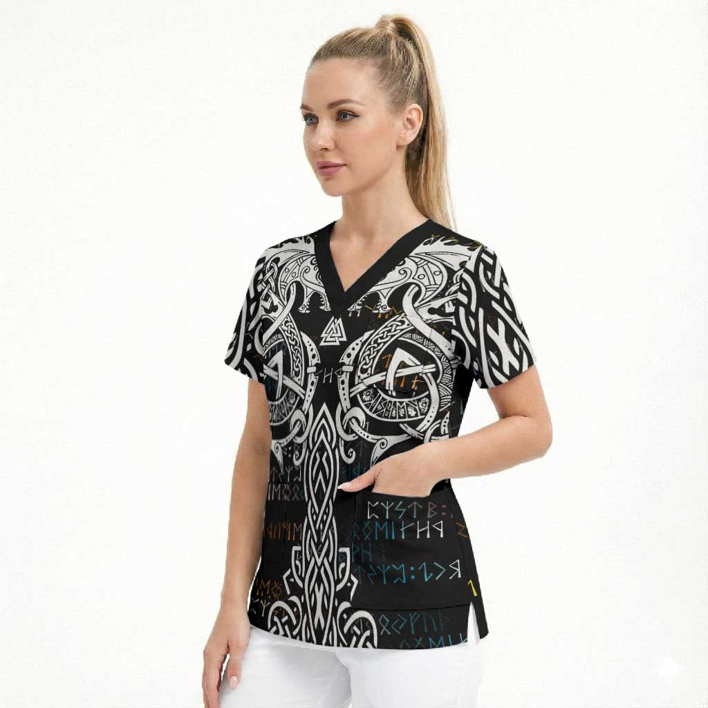 Viking Runes and Norse Mythology Symbols Scrub Top Celtic Knotwork Tribal Illustration Style
