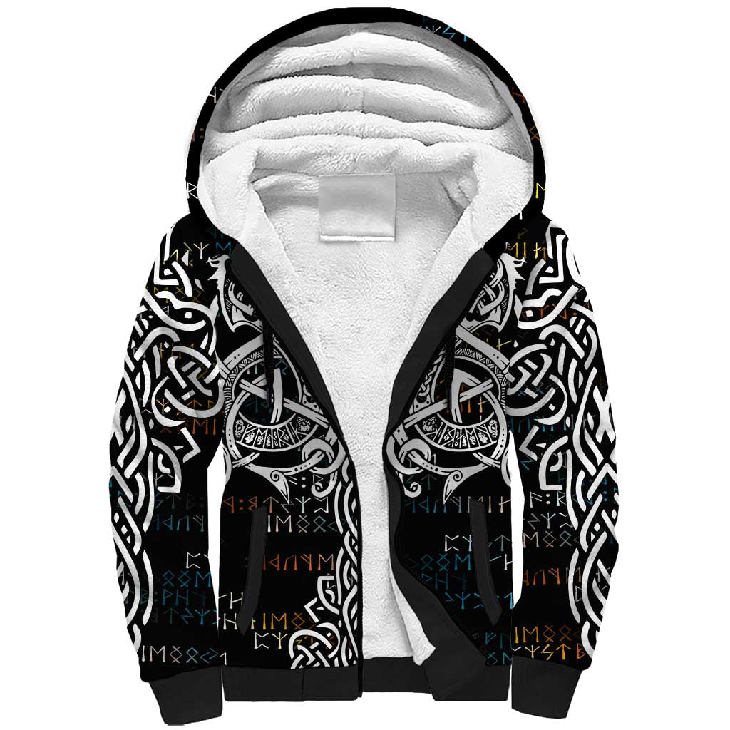 Viking Runes and Norse Mythology Symbols Sherpa Hoodie Celtic Knotwork Tribal Illustration Style