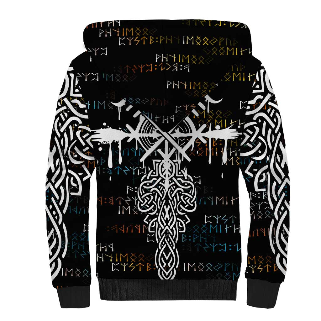Viking Runes and Norse Mythology Symbols Sherpa Hoodie Celtic Knotwork Tribal Illustration Style