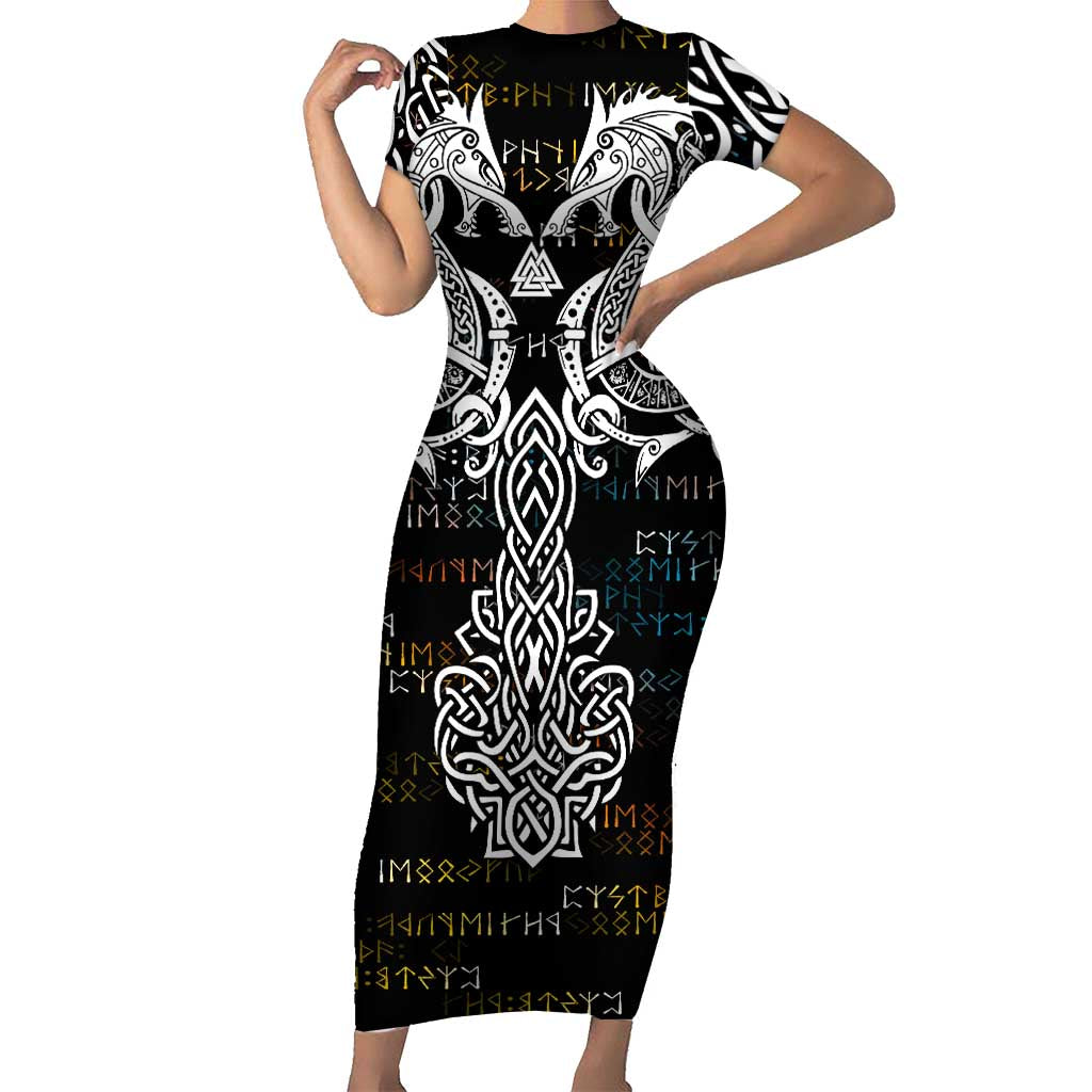 Viking Runes and Norse Mythology Symbols Short Sleeve Bodycon Dress Celtic Knotwork Tribal Illustration Style