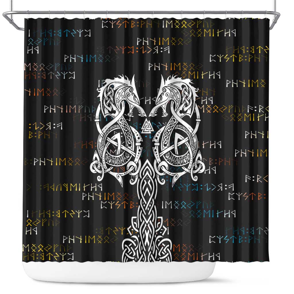 Viking Runes and Norse Mythology Symbols Shower Curtain Celtic Knotwork Tribal Illustration Style