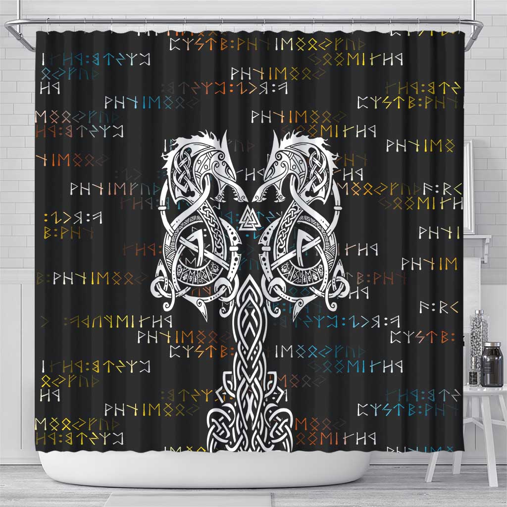 Viking Runes and Norse Mythology Symbols Shower Curtain Celtic Knotwork Tribal Illustration Style