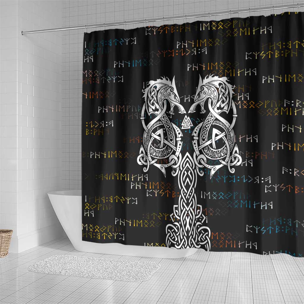 Viking Runes and Norse Mythology Symbols Shower Curtain Celtic Knotwork Tribal Illustration Style