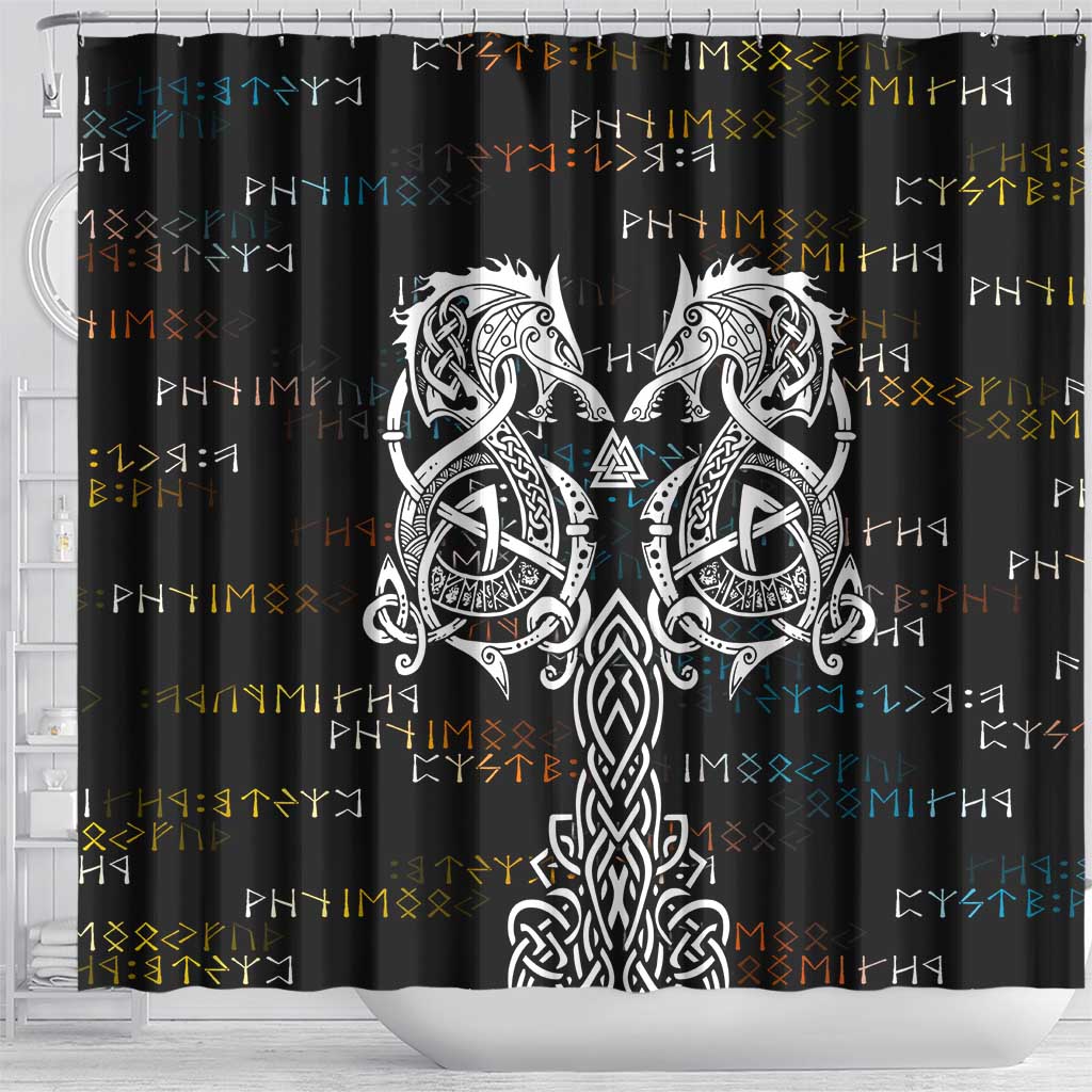 Viking Runes and Norse Mythology Symbols Shower Curtain Celtic Knotwork Tribal Illustration Style