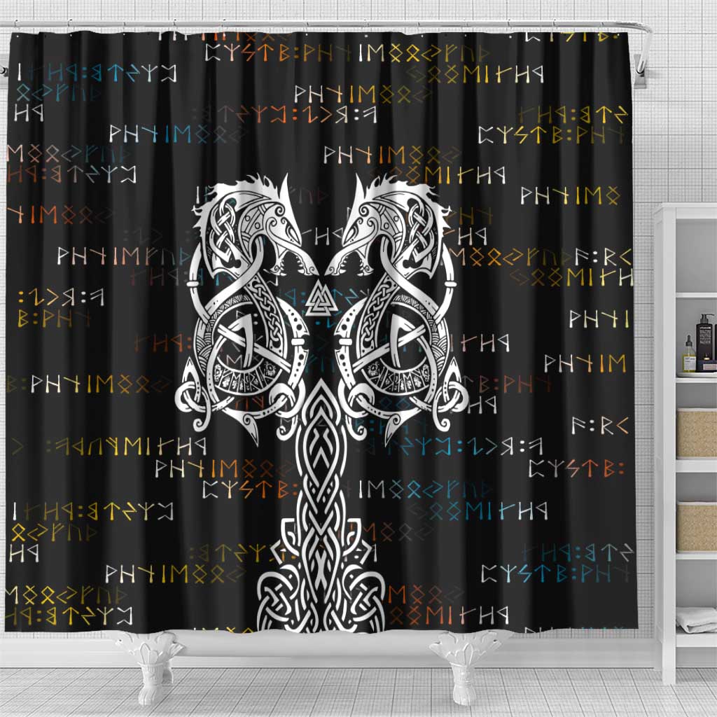 Viking Runes and Norse Mythology Symbols Shower Curtain Celtic Knotwork Tribal Illustration Style