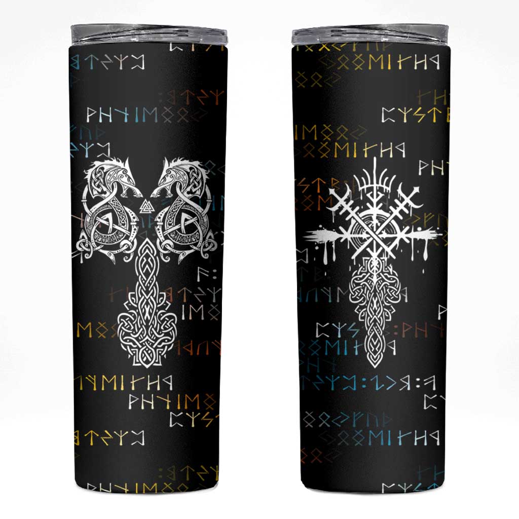 Viking Runes and Norse Mythology Symbols Skinny Tumbler Celtic Knotwork Tribal Illustration Style
