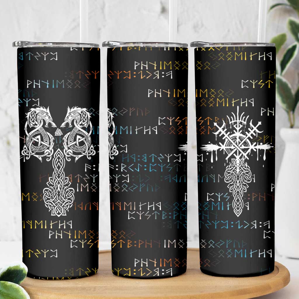 Viking Runes and Norse Mythology Symbols Skinny Tumbler Celtic Knotwork Tribal Illustration Style