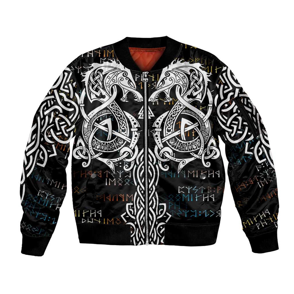 Viking Runes and Norse Mythology Symbols Sleeve Zip Bomber Jacket Celtic Knotwork Tribal Illustration Style