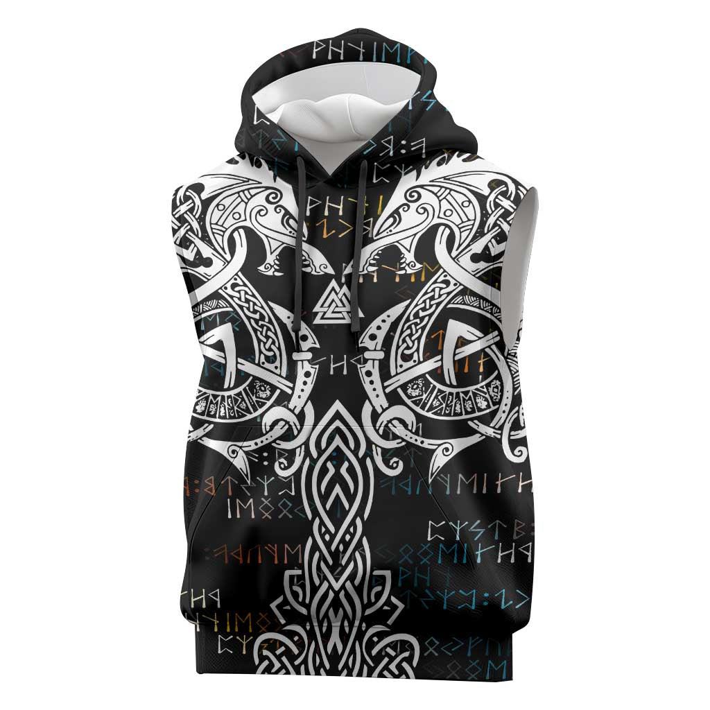 Viking Runes and Norse Mythology Symbols Sleeveless Hoodie Celtic Knotwork Tribal Illustration Style