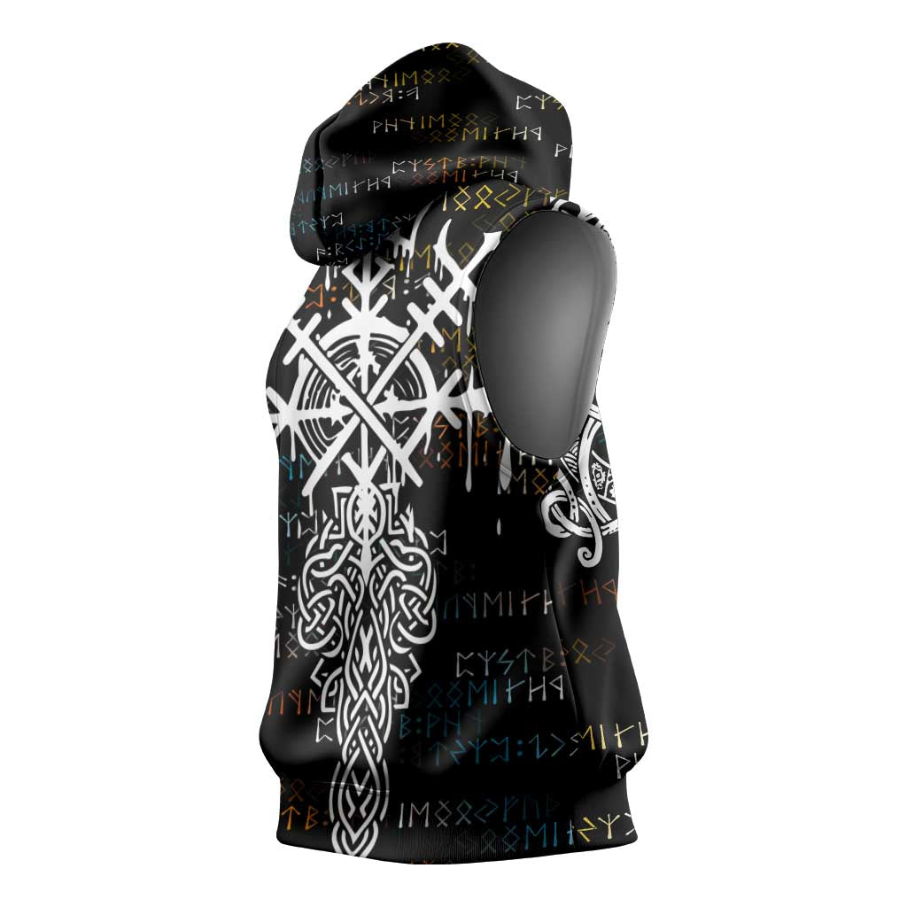 Viking Runes and Norse Mythology Symbols Sleeveless Hoodie Celtic Knotwork Tribal Illustration Style